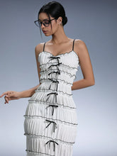 Aveloria Affinna Elegant Ripped Design Cake Skirt Women's Contrast Trim Spaghetti Strap Ruched Waist Bow Decor Bodycon Dress